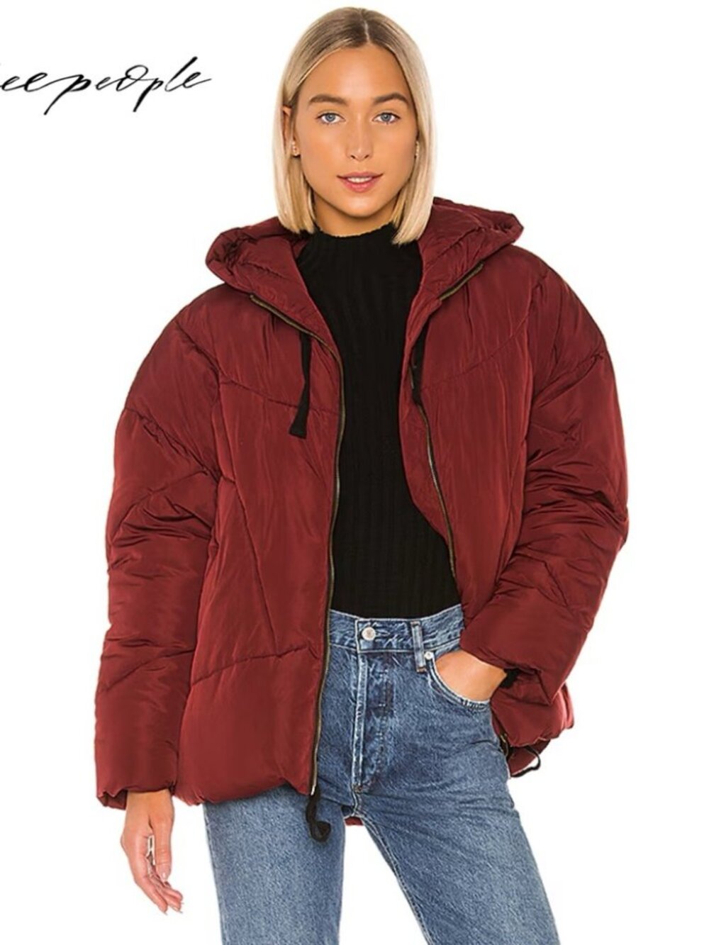 Free People Hailey Puffer Coat Wine Small Burgundy Hooded Jacket Oversized Warm